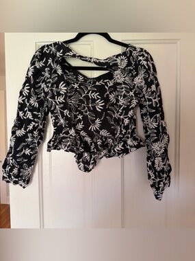 Zara Black & White Embroidered Long-Sleeve Peplum Top